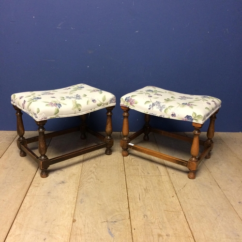 543 - Oak square framed stools with stretchers, and the tops upholstered in floral fabric 41h x 51 x 36cm