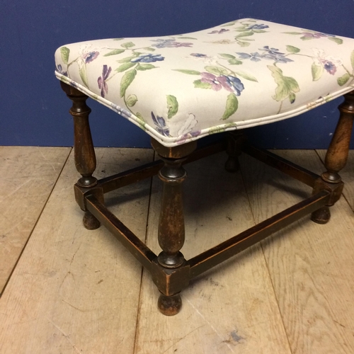 543 - Oak square framed stools with stretchers, and the tops upholstered in floral fabric 41h x 51 x 36cm