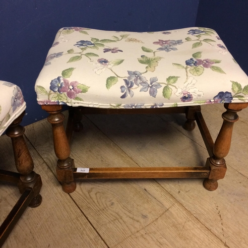 543 - Oak square framed stools with stretchers, and the tops upholstered in floral fabric 41h x 51 x 36cm