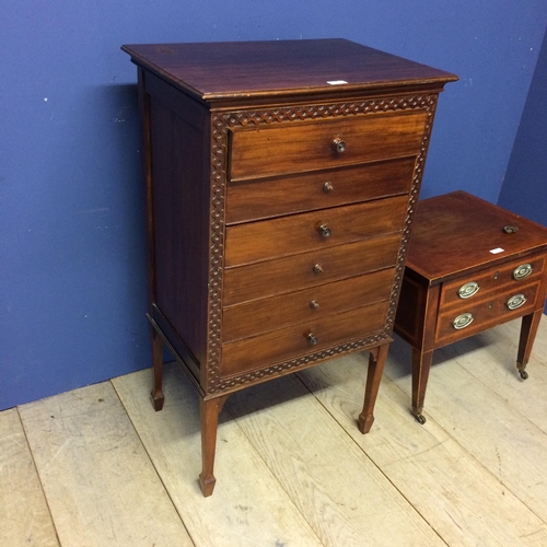 552 - Mahogany 6 drawer music cabinet , much wear to the knob handles, some missing, and a smaller low cab... 