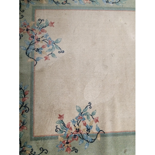 580 - Rugs: Chinese wash style rug with blue ground and pink and oakmeal boarders, and pink central medall... 