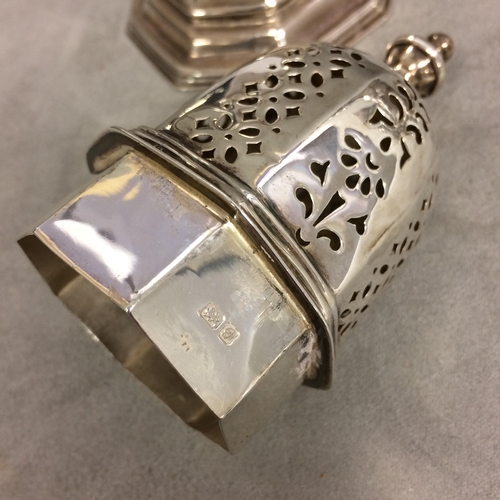 80 - Two sterling silver sugar shakers together with sterling silver pepperette, and ogtagonal based exam... 