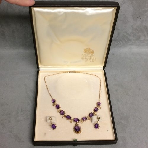 84 - 9ct gold amethyst and seed pearl necklace and earing suite