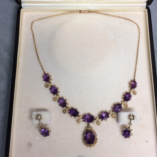 84 - 9ct gold amethyst and seed pearl necklace and earing suite