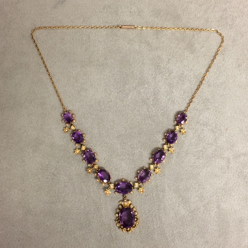 84 - 9ct gold amethyst and seed pearl necklace and earing suite