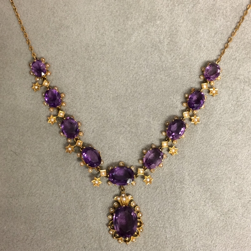 84 - 9ct gold amethyst and seed pearl necklace and earing suite