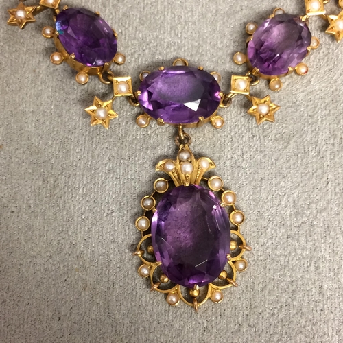 84 - 9ct gold amethyst and seed pearl necklace and earing suite