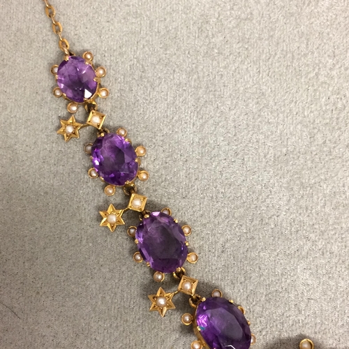 84 - 9ct gold amethyst and seed pearl necklace and earing suite