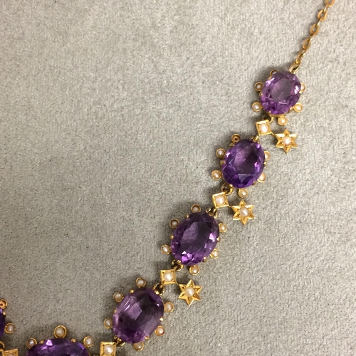 84 - 9ct gold amethyst and seed pearl necklace and earing suite