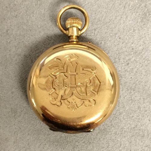 86 - 18ct gold half hunter ladies pocket watch, enamel face with engraved back, 36.7g