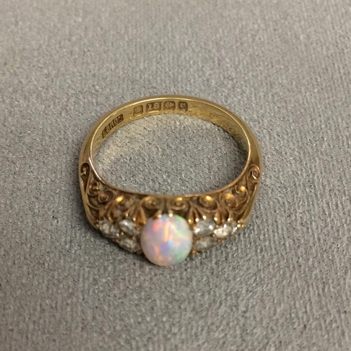 92 - 18ct gold opal and old cut diamond ring central oval cabochon opal with single cut diamond accents, ... 