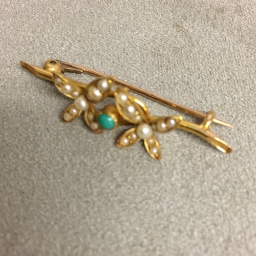 93 - 2 9ct gold pin brooches, one with turquoise seed pearls, together with seed pearp and swallow exampl... 