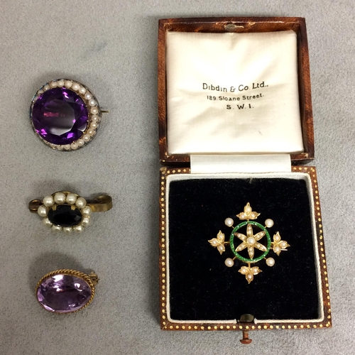 99 - Yellow metal enamel and seed pearl brooch and 3 pieces of amethyst and pearl set jewellery