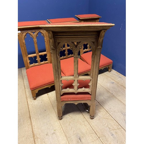 473 - Two pairs of Ecclesiastical style Prie-Dieu stools, upholstered in red fabric, and studded surround,... 