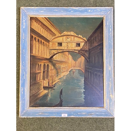 436 - Venice, canal under bridge, oil on board signed lower left 'Piazza' image 60cm x 49cm