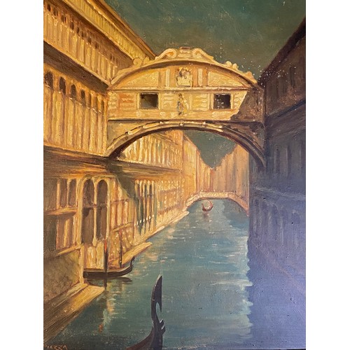 436 - Venice, canal under bridge, oil on board signed lower left 'Piazza' image 60cm x 49cm