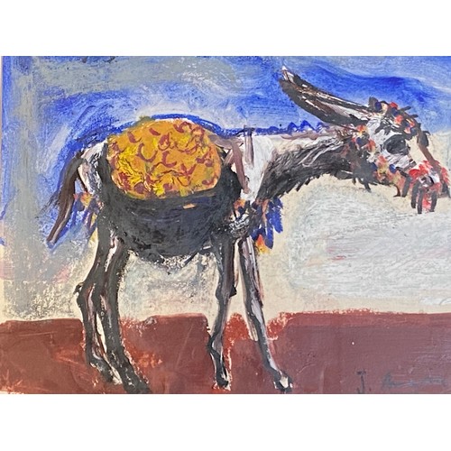 435 - Portugese, abstract painting of a donkey, framed glazed and mounted oil on board, indistinctly signe... 