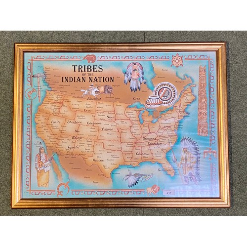 437 - Vintage framed and glazed Native tribes on the Indian Nation Map image 44cm x 60cm