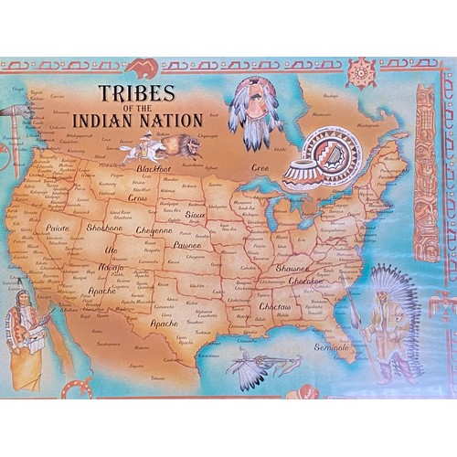 437 - Vintage framed and glazed Native tribes on the Indian Nation Map image 44cm x 60cm