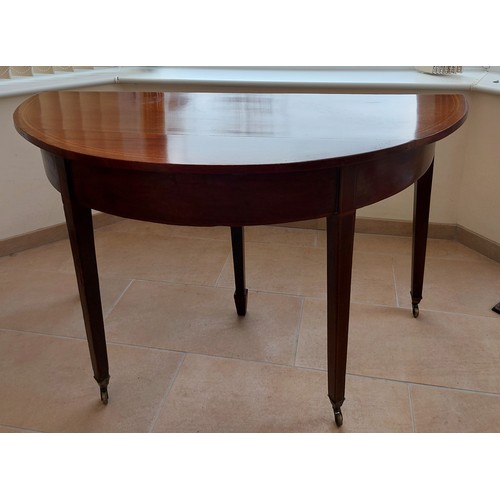 506 - George III Demi-lune table,, with inlaid decoration, square tapering legs to castor, 105x 118cm x 68... 