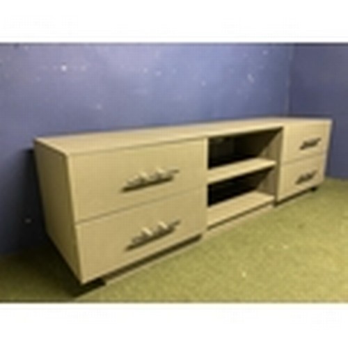 449 - A contemporary industrial style long low cabinet with 4 drawers and central shelves, 240W x 70H x 63... 