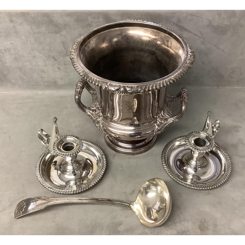 109 - A silver plated campagna style champagne ice bucket, together with a pair of plated 