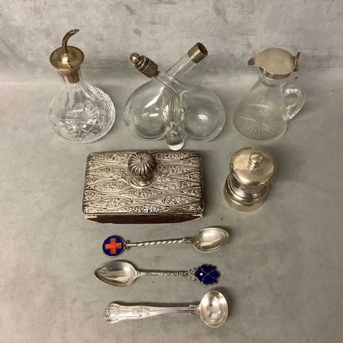 110 - Collection of glass and white metal topped items to include a toddy, flask and ink blotter, pepper m... 