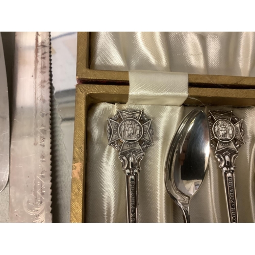 112 - Part electroplated flatware service and a plated galleried tray and a large easel backed frame