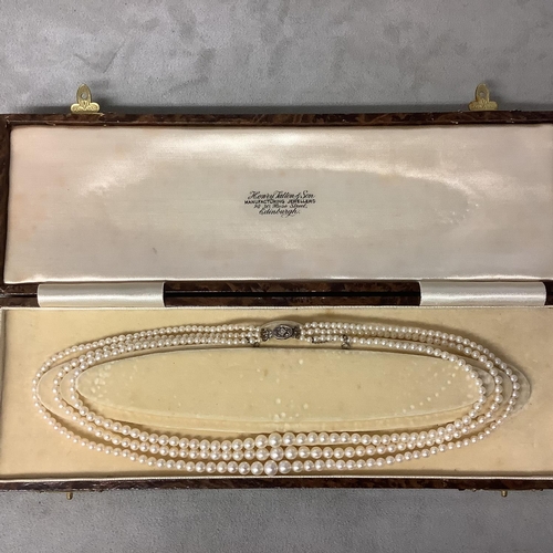 117 - A triple stand of pearls on a diamond set white metal clasp boxed. Largest pearl approx 6mm, approx ... 