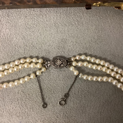 117 - A triple stand of pearls on a diamond set white metal clasp boxed. Largest pearl approx 6mm, approx ... 