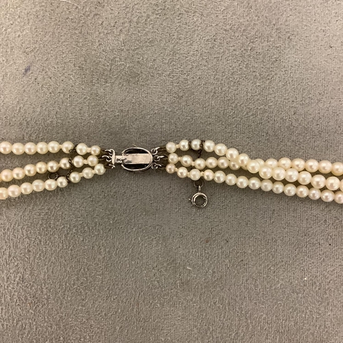 117 - A triple stand of pearls on a diamond set white metal clasp boxed. Largest pearl approx 6mm, approx ... 