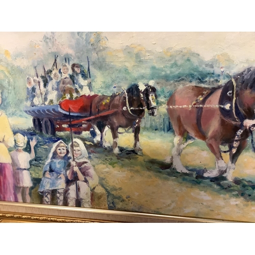 158 - A modern impressionist style oil on canvas depicting a lively and colourful horse and cart harvestin... 