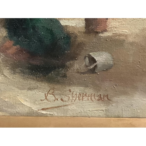 160 - B SHERMAN, English School, Eswardian Beach scene, in large carved glazed gesso frame , signed lower ... 