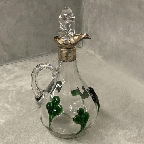 18 - A Sterling silver topped claret jug with applied green glass decoration by Henry Wigfull Sheffield 1... 