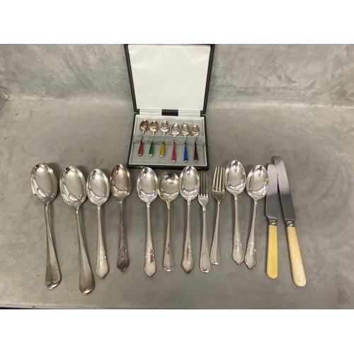 41 - Boxed set of silver plated and guiloche enamel coffee spoons together with a collection of electropl... 