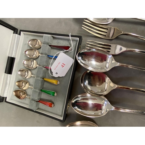 41 - Boxed set of silver plated and guiloche enamel coffee spoons together with a collection of electropl... 