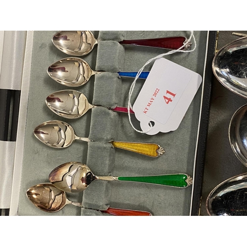 41 - Boxed set of silver plated and guiloche enamel coffee spoons together with a collection of electropl... 