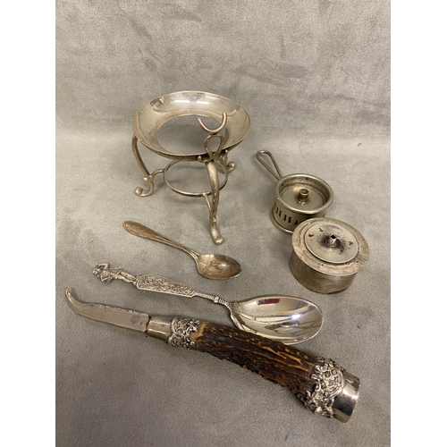 50 - Collection of miscellaneous sterling silver items to include a small spirit burner, various dates, a... 