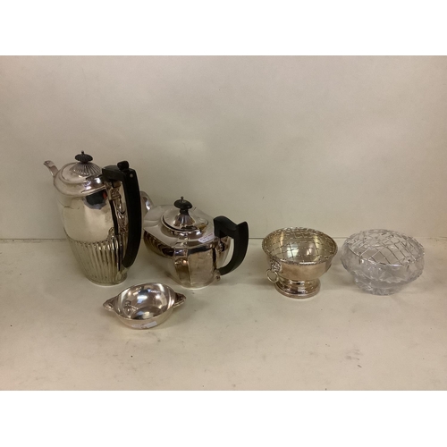 52 - Mappin and Webb, London and Sheffield Plate, dish, 12cm diameter, Sheffield plate teapot, rose bowls... 