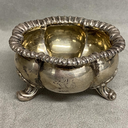 6 - A sterling silver salt with gilt interior, raised on 3 scrolling feet, Paul Storr, London 1786, 134g