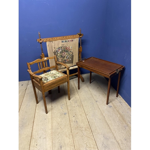 619 - tapestry seated piano stool, a campaign style  tray on folding legs, makers mark The Osterley Table ... 