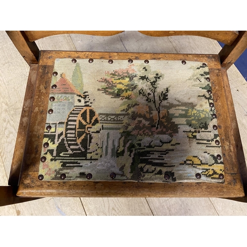 619 - tapestry seated piano stool, a campaign style  tray on folding legs, makers mark The Osterley Table ... 