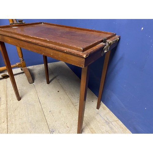 619 - tapestry seated piano stool, a campaign style  tray on folding legs, makers mark The Osterley Table ... 