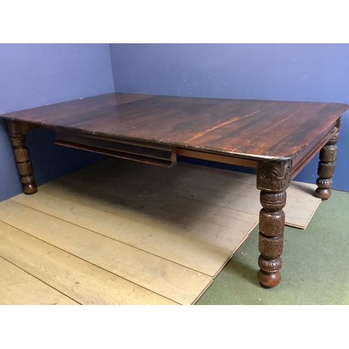 620 - Large rectangular extending dining table with 2 leaves, possibly stained pine top with oak base?,  o... 