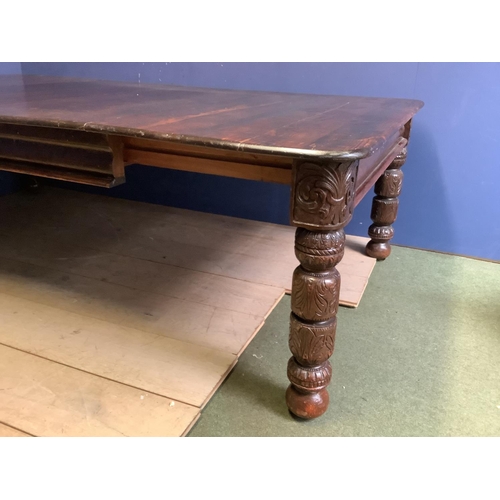 620 - Large rectangular extending dining table with 2 leaves, possibly stained pine top with oak base?,  o... 