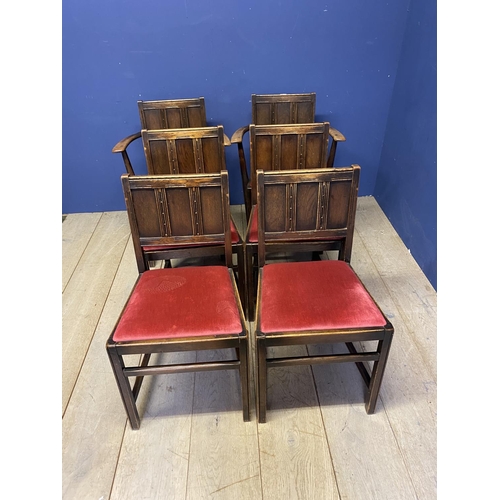 625 - Set of 6 (4 + 2) dining chairs with panelled backs and red drylon style upholstered seats