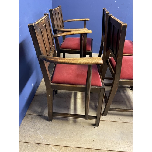 625 - Set of 6 (4 + 2) dining chairs with panelled backs and red drylon style upholstered seats