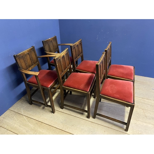 625 - Set of 6 (4 + 2) dining chairs with panelled backs and red drylon style upholstered seats