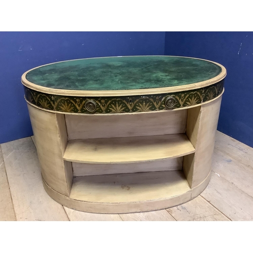 656 - A decorative painted knee hole circular shaped desk/dressing table, with inset green leather top, 11... 