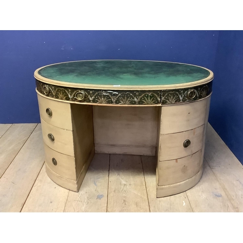 656 - A decorative painted knee hole circular shaped desk/dressing table, with inset green leather top, 11... 